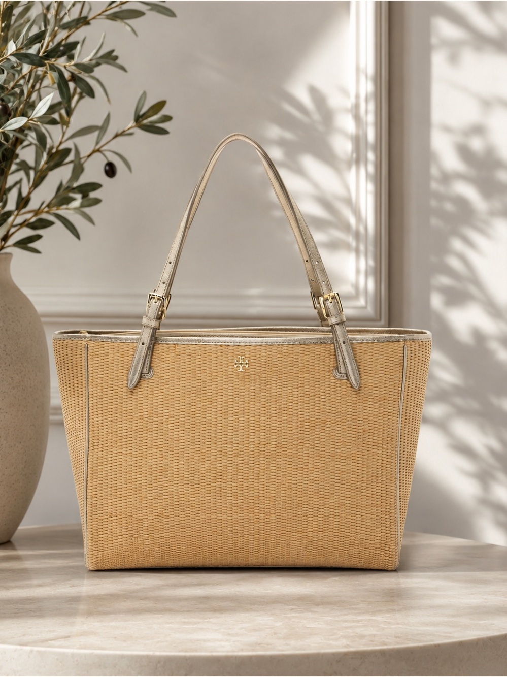 Tory Burch Straw and Metallic Leather Tote Bag